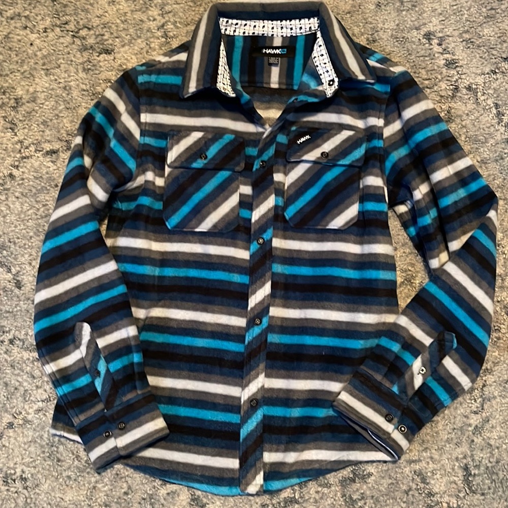 HAWK BLUE GRAY STRIPED FLEECE JACKET SHACKET MEDIUM 10 12 NWOT